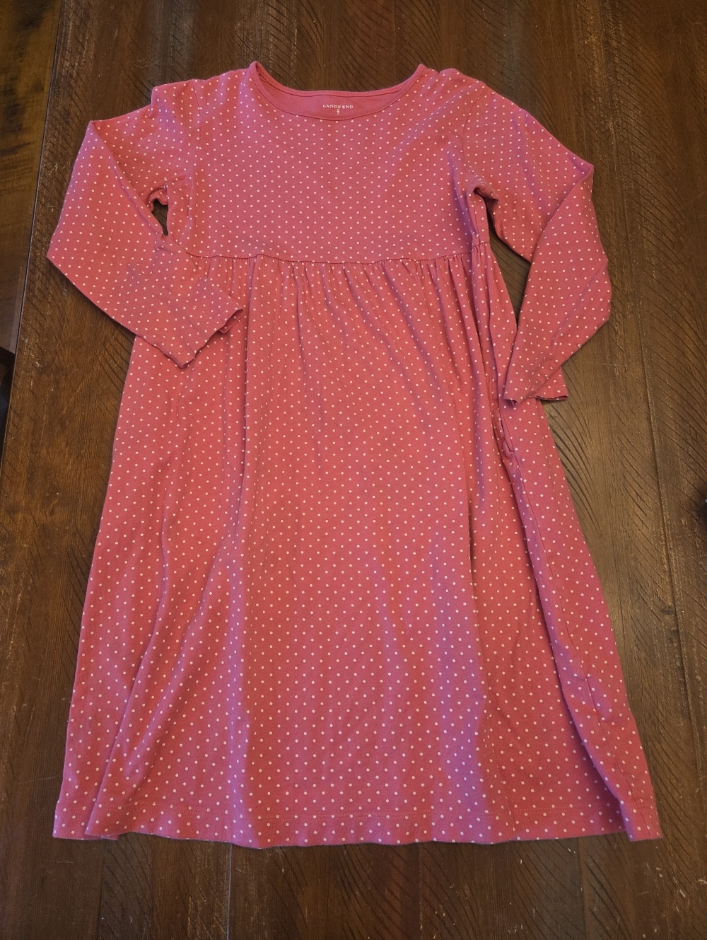 🎉5/$10 Lands End Pink Polka Dot Long Sleeve Dress 8